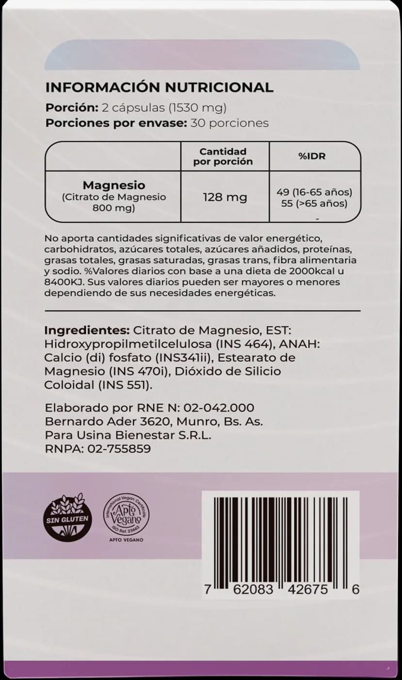 Citrato de magnesio NatuLabs, dorso de la caja