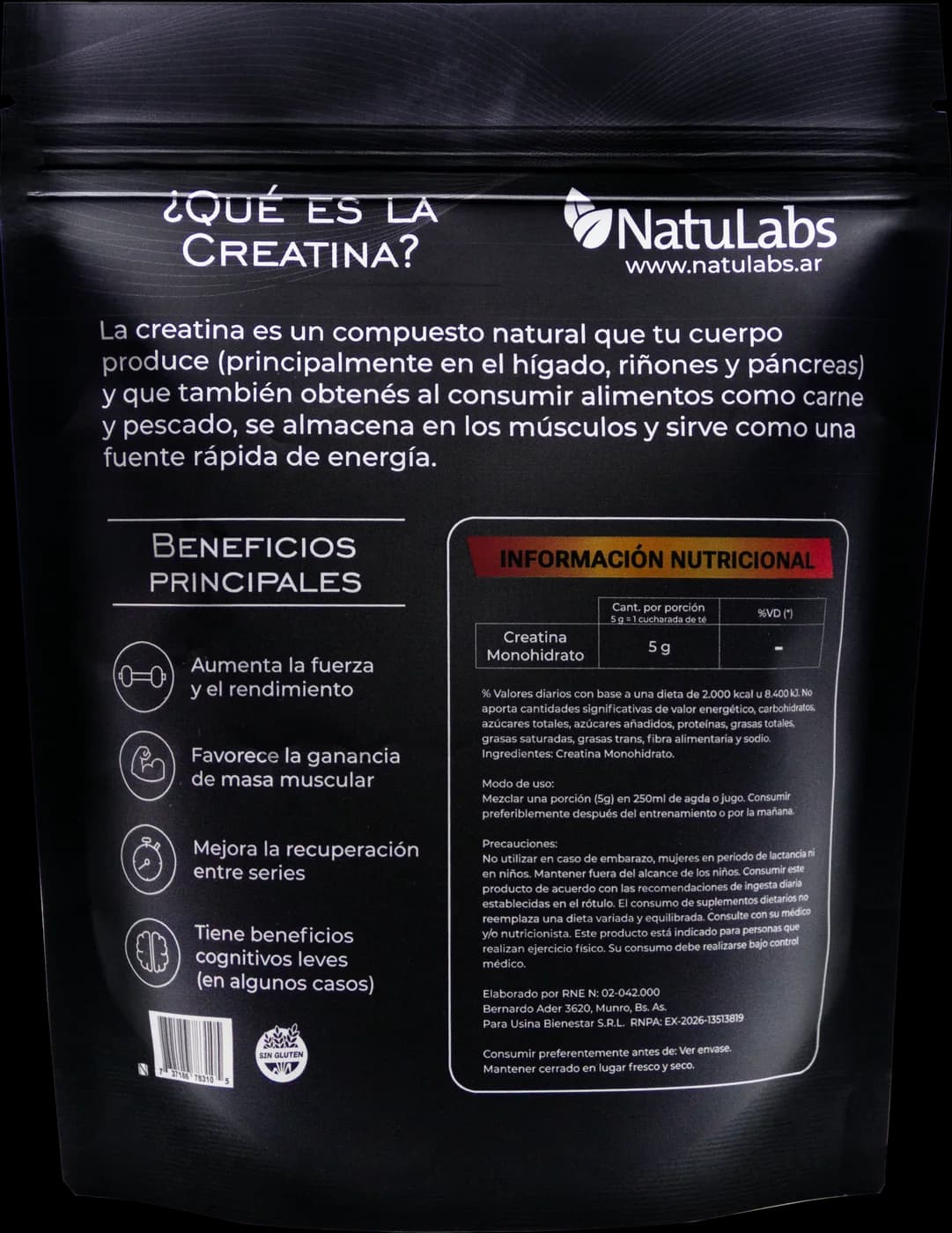 Creatina monohidrato NatuLabs, dorso de la bolsa