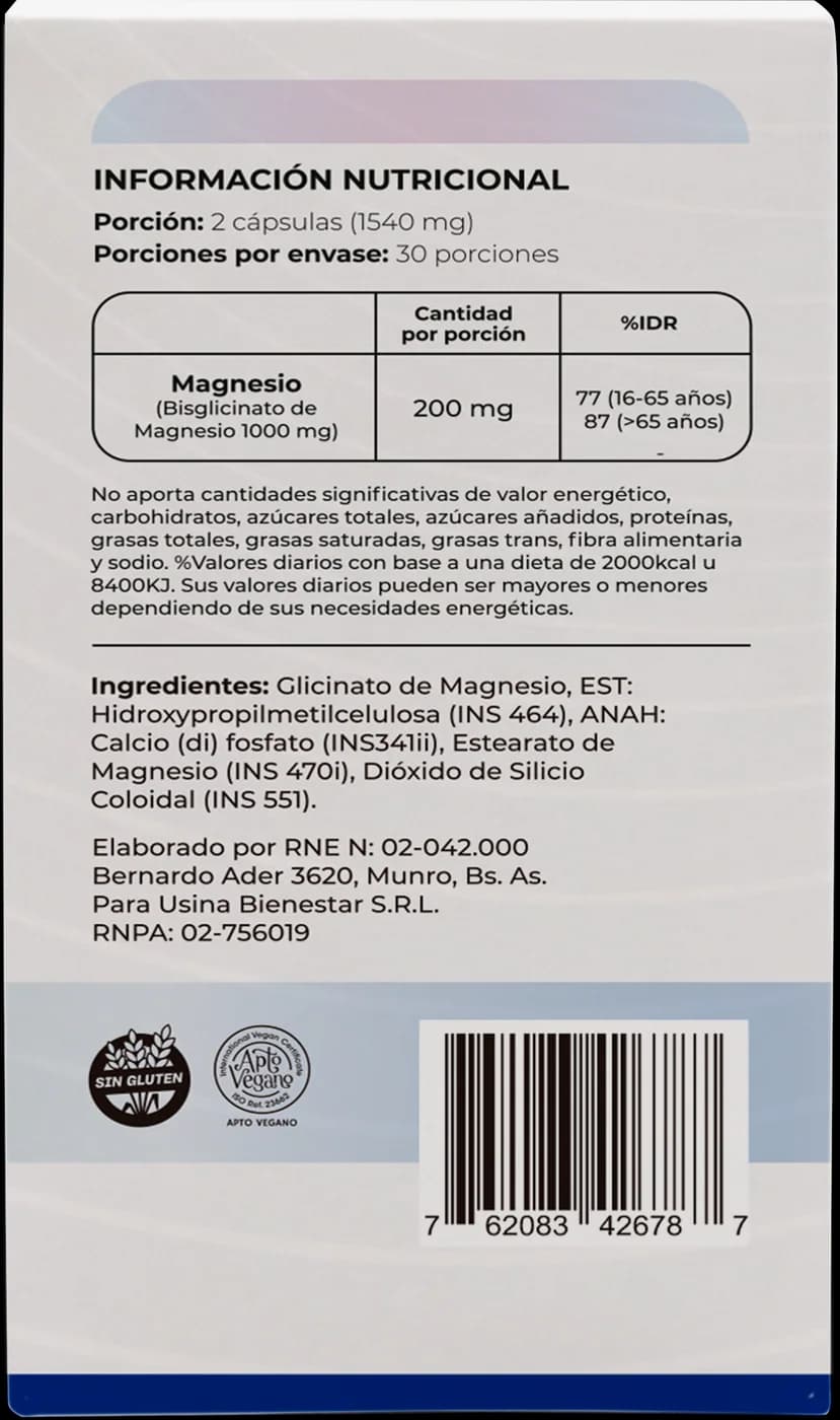 Glicinato de magnesio NatuLabs, dorso de la caja