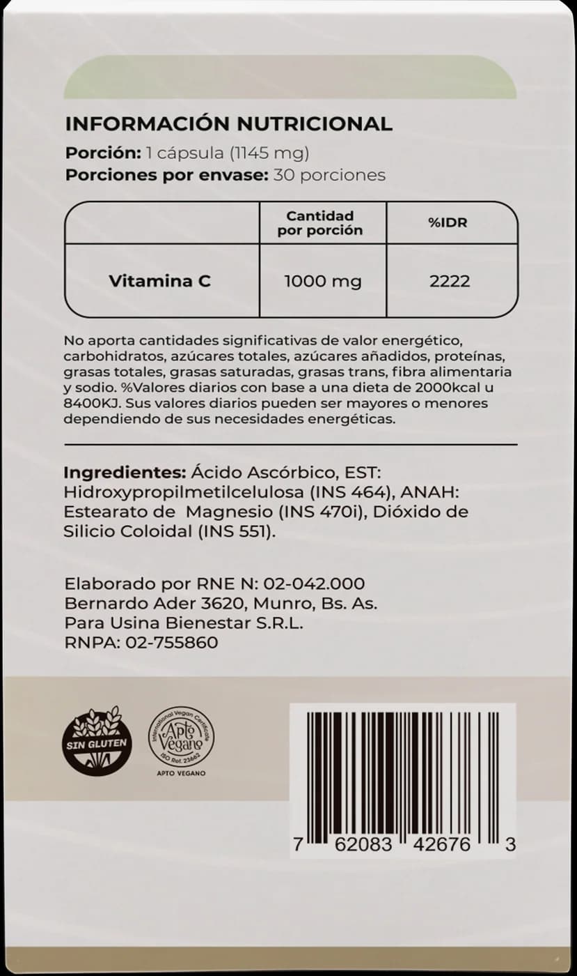 Vitamina C NatuLabs, dorso de la caja
