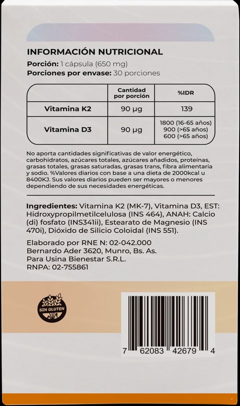 Vitamina K2 + D3 NatuLabs, dorso de la caja